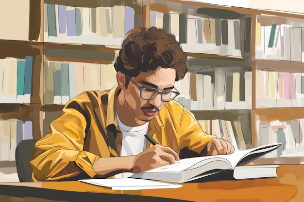 Digital illustration of a focused student conducting research and writing notes in a library setting