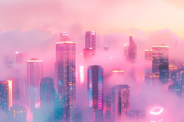 Photo a digital illustration of a futuristic city at sunset with neon pink lights reflecting in the water a futuristic cityscape with neon pink lights against a pastel background