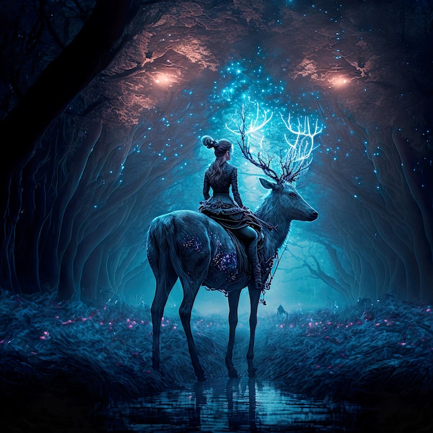 Digital illustration, a girl riding a deer