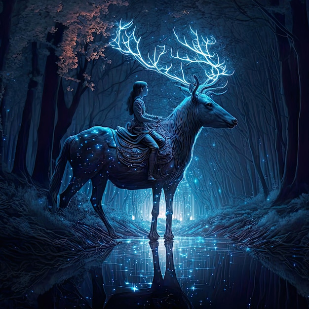 Digital illustration, a girl riding a deer