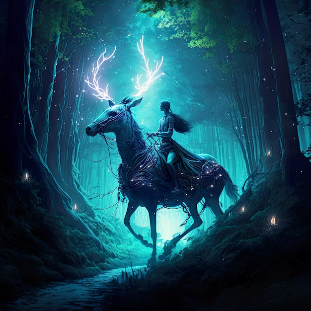 Digital illustration, a girl riding a deer