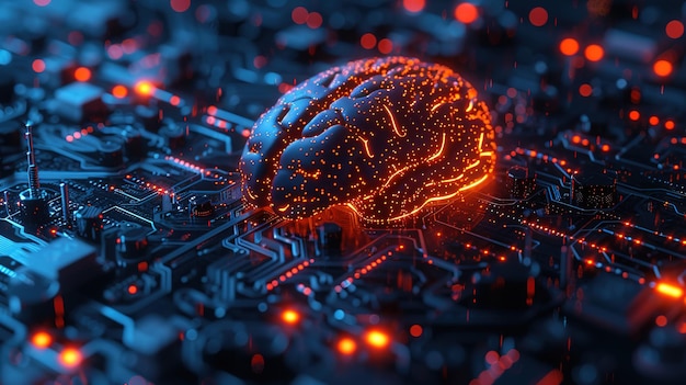 Digital illustration of a glowing brain on a circuit board representing artificial intelligence