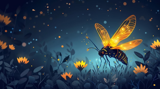 Photo a digital illustration of a glowing firefly lighting up a mystical dark garden with vibrant flowers at night