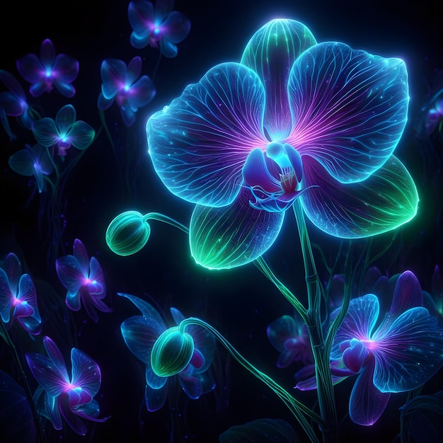 Photo digital illustration of a glowing holographic thai orchid