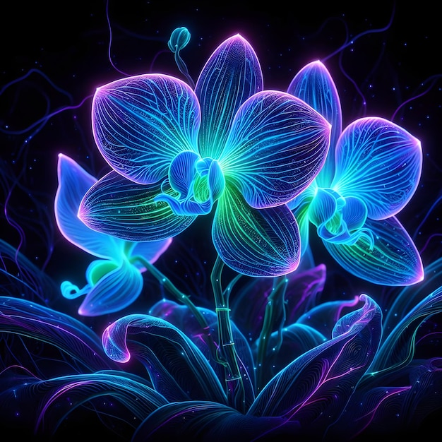 Photo digital illustration of a glowing holographic thai orchid