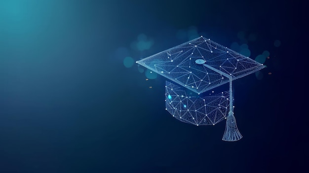 A digital illustration of a graduation cap on blue background