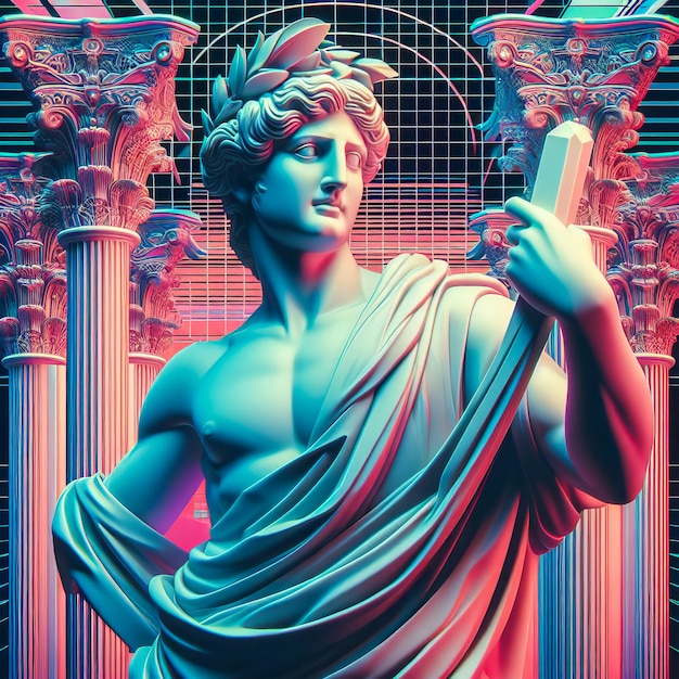 Digital illustration of Greek style statue in neon light