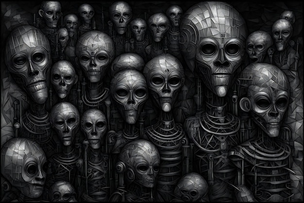 Digital Illustration of a Group of Alien Skulls in a Dark Background