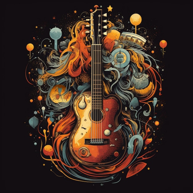 A digital illustration of a guitar with a red head and a blue tail.