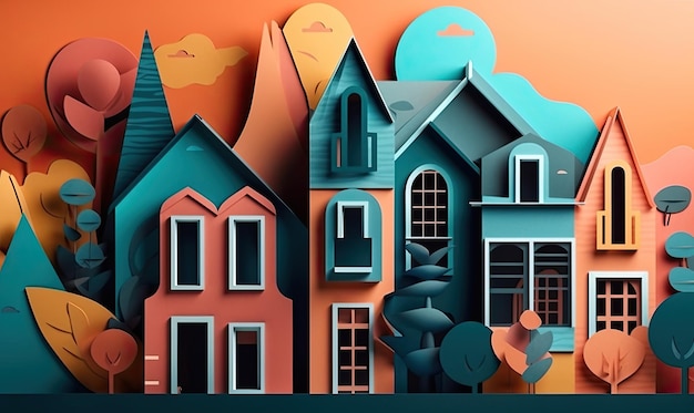 A digital illustration of a house with a blue background and a house with a red roof abstract house trendy paper collage design generative AI