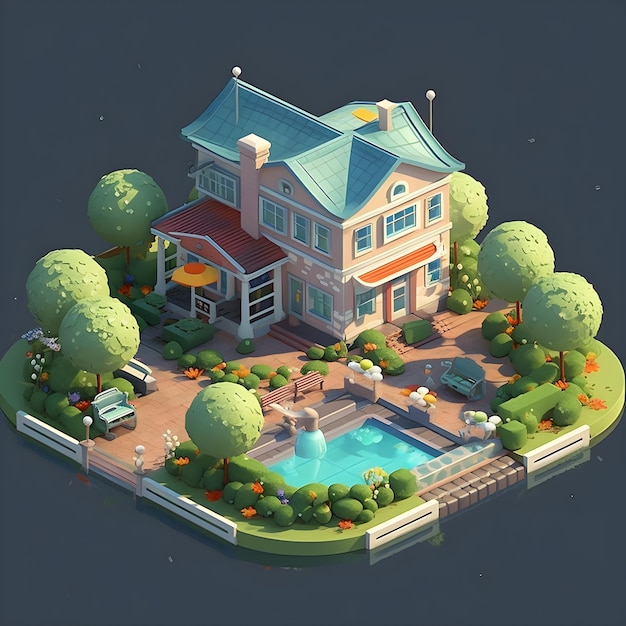 A digital illustration of a house with a pool in the middle.