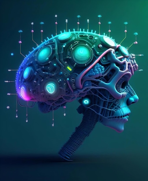 A digital illustration of a human brain with a blue background and a circuit board with the word brain on it.