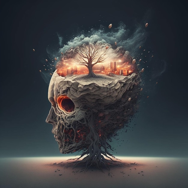 A digital illustration of a human head with a tree in the middle generative ai