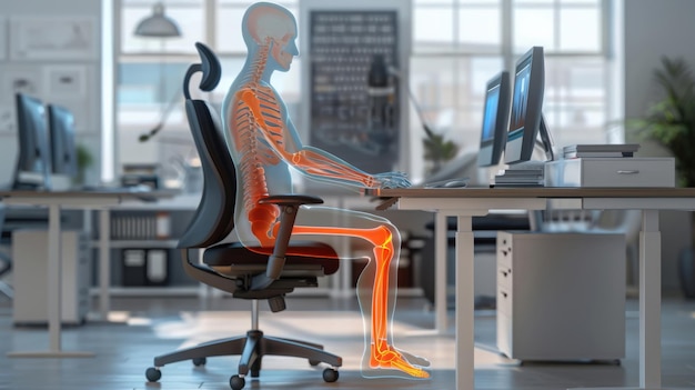 Photo a digital illustration of a human skeleton sitting at a desk highlighting the right posture