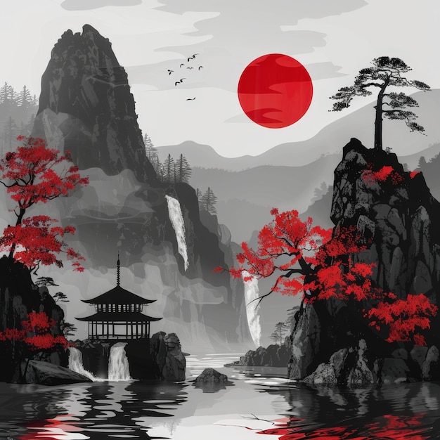 Digital illustration of a Japanese landscape with pagoda and red sun