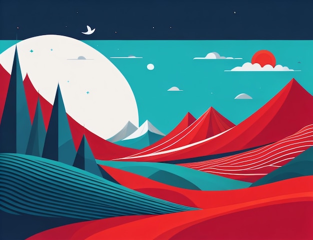 A digital illustration of a landscape with mountains and the sun in the background.