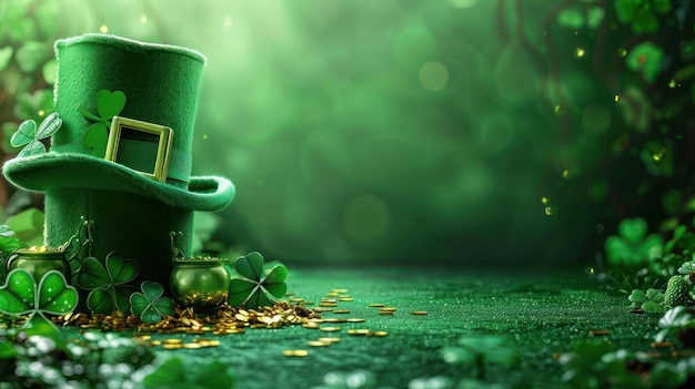 Digital Illustration of a Leprechauns Hat adorned with Shamrocks and overflowing with Gold Coins