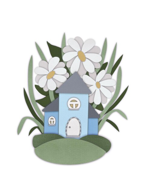 Photo digital illustration of light blue house with daisy flowers and grass in papercut style