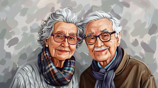 A digital illustration of a loving senior couple