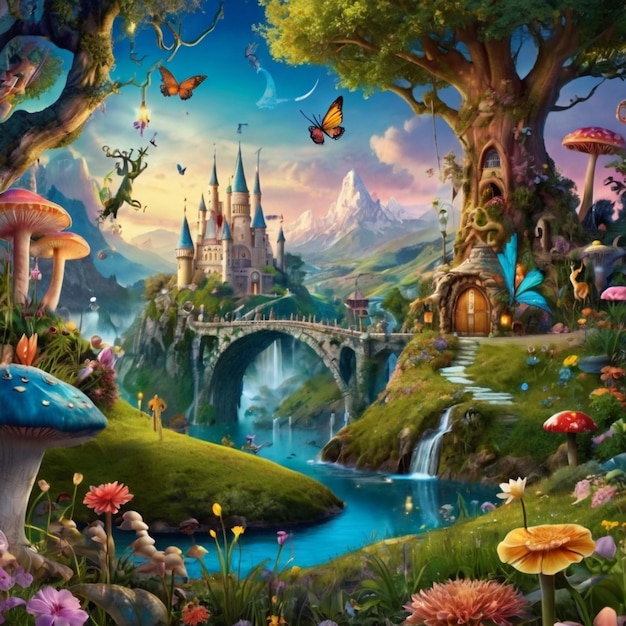 Photo digital illustration magic elven house with fairy tale mushrooms and flowers fairyland wallpaper