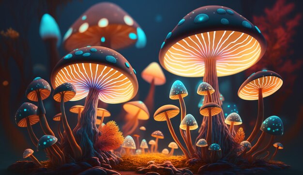 Digital Illustration of a Magical Fantasy Glowing Mushrooms in a Forest Generative AI