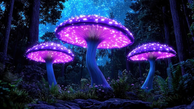 A digital illustration of a magical forest with glowing mushrooms and mystical creatures