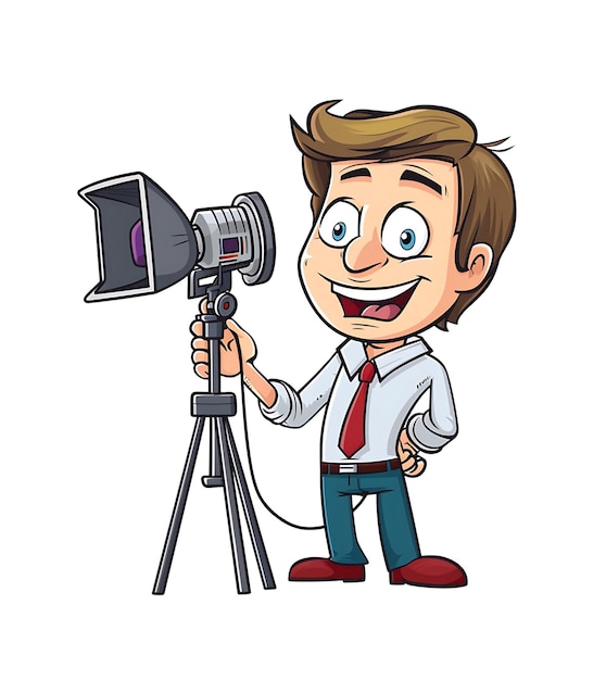 Digital illustration of a male journalist with a camera on a tripod poised for reporting