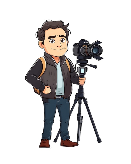 Digital illustration of a male journalist with a camera on a tripod poised for reporting