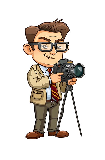 Digital illustration of a male journalist with a camera on a tripod poised for reporting