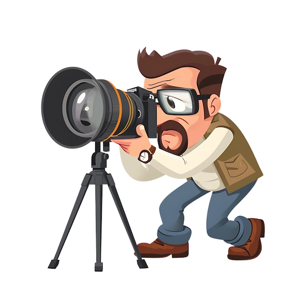 Digital illustration of a male journalist with a camera on a tripod poised for reporting