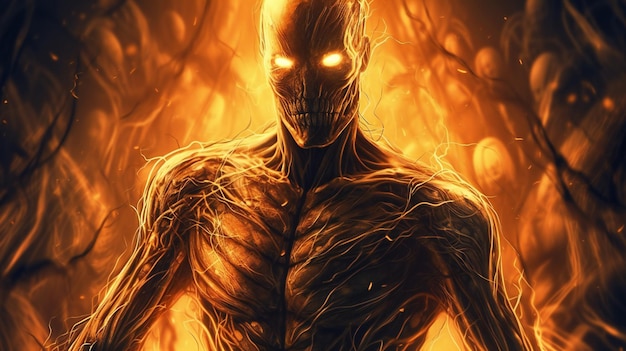 Digital Illustration of a Male Skeleton in Fire with Flames Background