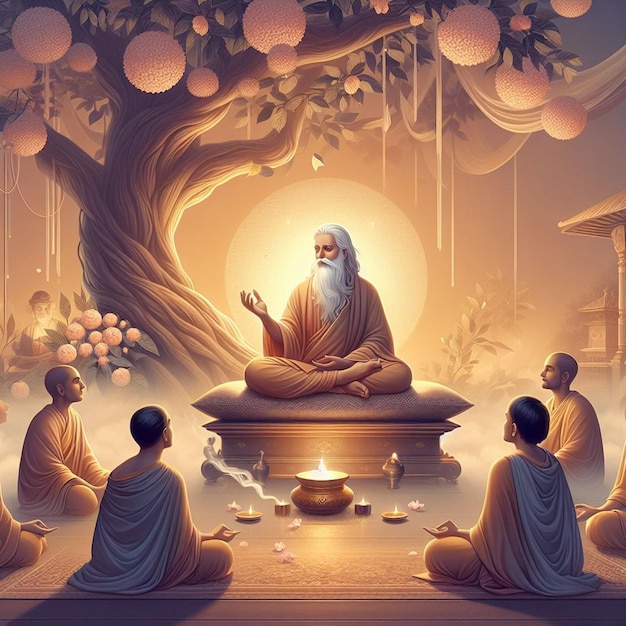 a digital illustration of a man sitting in front of a tree with other men sitting in front of him