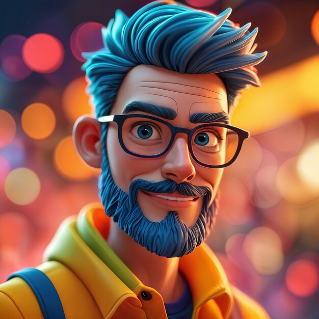 Digital illustration of a man with blue hair and a beard wearing glasses and a yellow jacket set against a blurred background of colorful lights