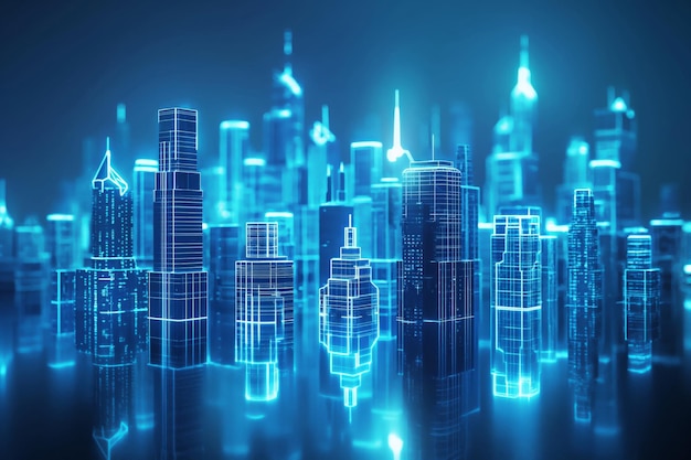 Digital illustration of a modern city skyline glowing in vibrant blue tones