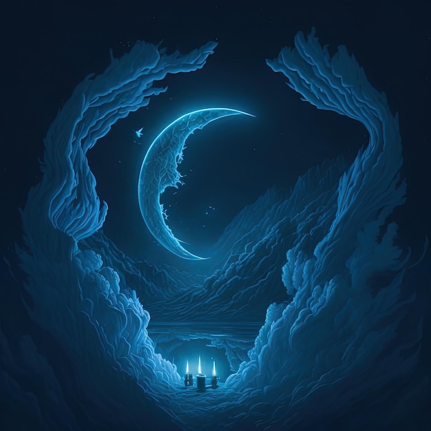 A digital illustration of a moonlit landscape with a blue moon and stars