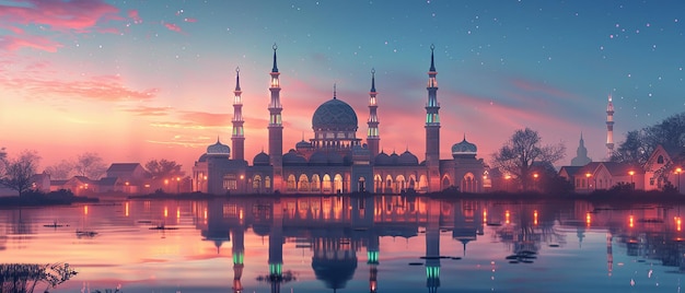 Digital Illustration of a Mosque Illuminated at Night