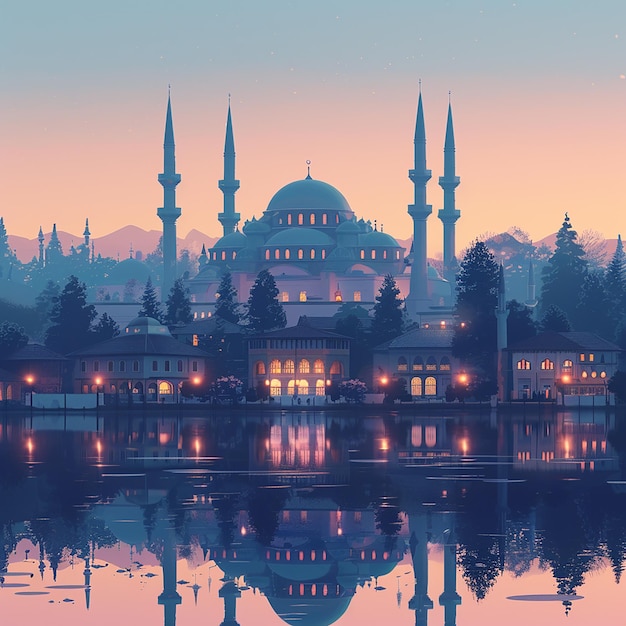 Digital Illustration of a Mosque Illuminated at Night