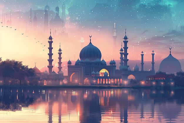 Digital Illustration of a Mosque Illuminated at Night