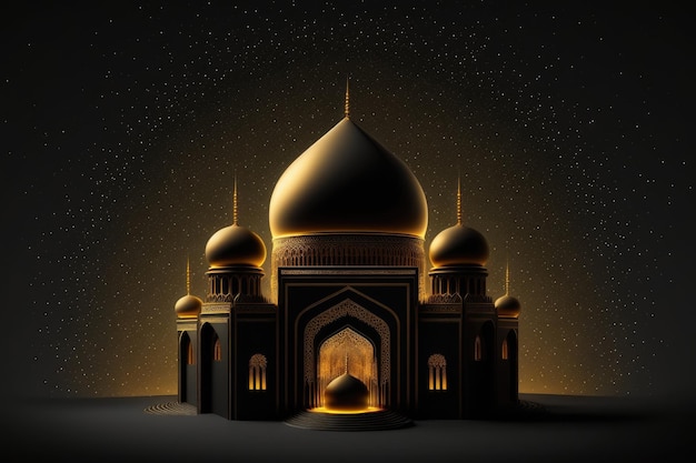 A digital illustration of a mosque with a dome and the stars on the background.