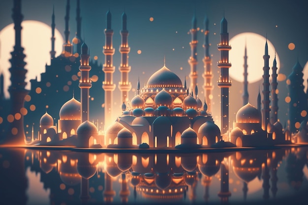 A digital illustration of a mosque with lights and the moon behind it.