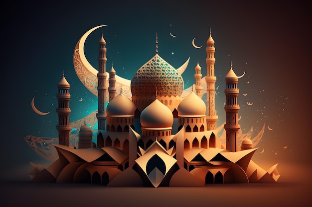 A digital illustration of a mosque with a moon and stars.