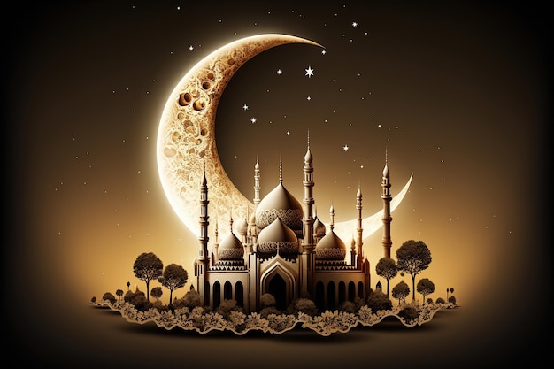 A digital illustration of a mosque with a moon and stars.