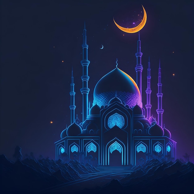 A digital illustration of a mosque with a moon and stars