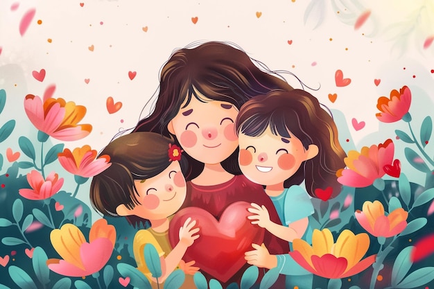 a digital illustration of a mother and her children hugging her and holding a heart with hearts around her