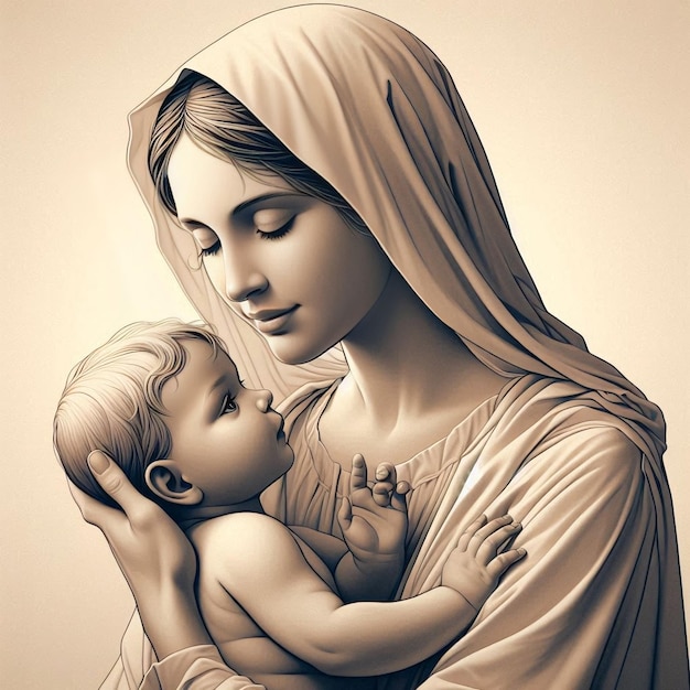 Digital illustration of Mother Mary tenderly holding baby Jesus set against a neutral background