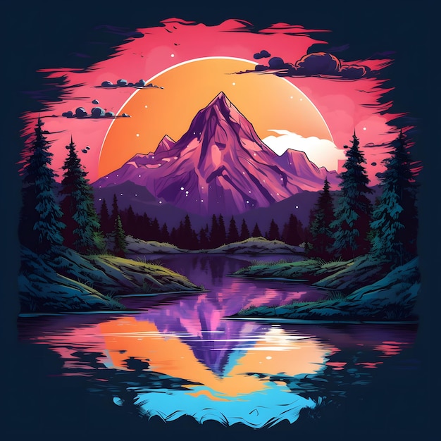 A digital illustration of a mountain and a lake with a sunset in the background