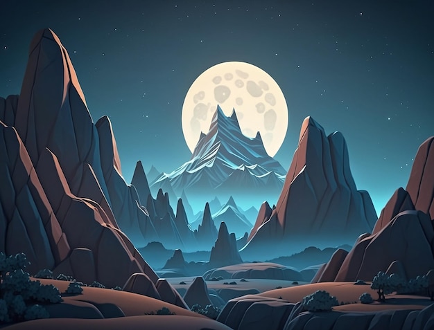 A digital illustration of a mountain landscape with a moon in the background.