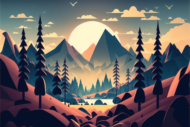 A digital illustration of a mountain landscape with mountains and trees.