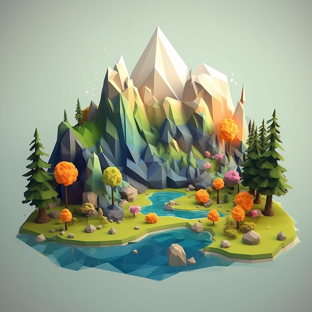 A digital illustration of a mountain landscape with a river in the middle.