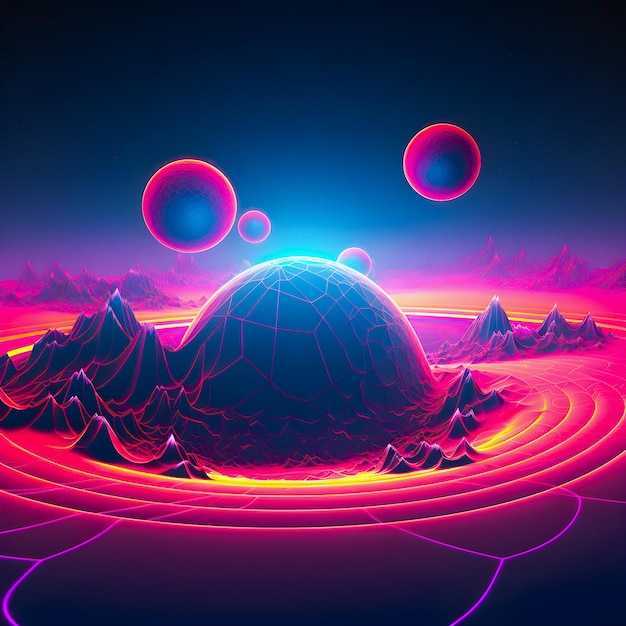 A digital illustration of a mountain and a planet with a planet in the middle